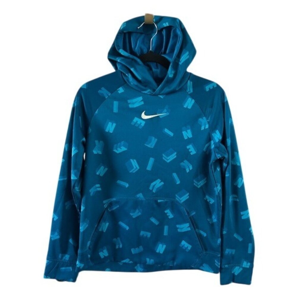 Nike Boys All Over Logo Blue Hoodie Sz XL READ